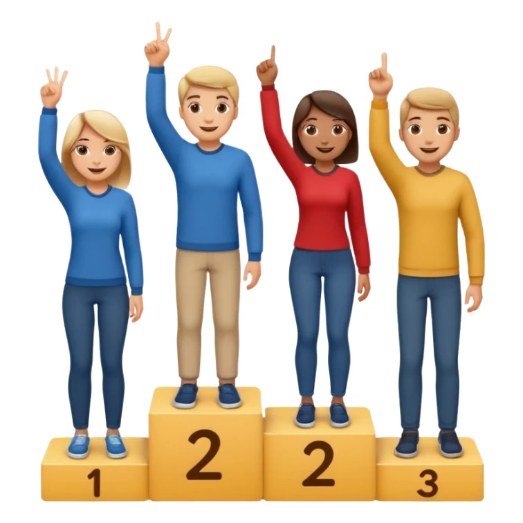 winners podium with three people numbers 2, 1, 3 left to right, all in relaxed casual clothes, center person on 1 step raising one finger on each hand, cheerful expressive friendly emoji style sticker
