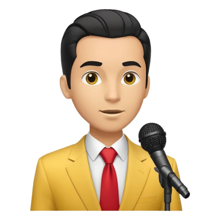 Man with black pulled back hair, wearing a yellow suit and red tie, holding a microphone sticker