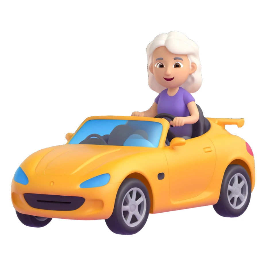 Make the car 20% more realistic while keeping the mother with white hair looking fast and furious, dynamic motion effects, sporty 3D emoji style, no background sticker