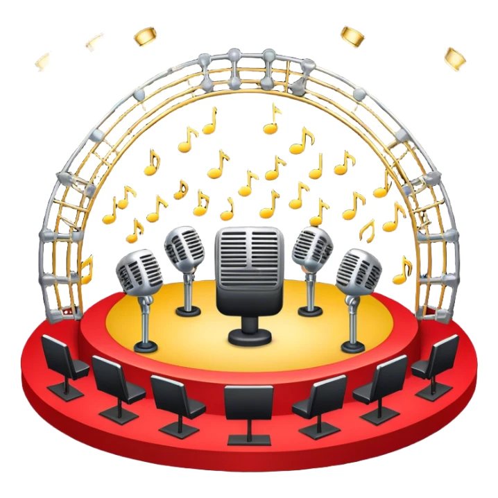Create a vibrant and dynamic emoji that represents choral vocal performance. The design should feature 10 vintage stage microphones arranged in a semi-circle on a concert stage, symbolizing a vocal group or choir. Add musical notes flowing around the microphones to represent harmony and unity in the performance. Include concert lighting and a celebratory atmosphere to convey the excitement of live music. Use bright, bold colors like red, gold, and silver to emphasize the energy and glamour of the stage. The background should be transparent. sticker