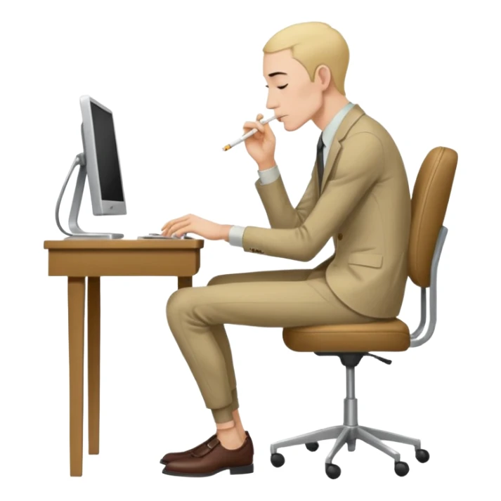 hunched very thin man sitting on chair at computer side view holding cigarette sticker