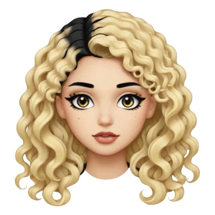 split dye leftside blonde rightside black hair, baddie, pretty makeup, black eyeliner, long and curly hair sticker