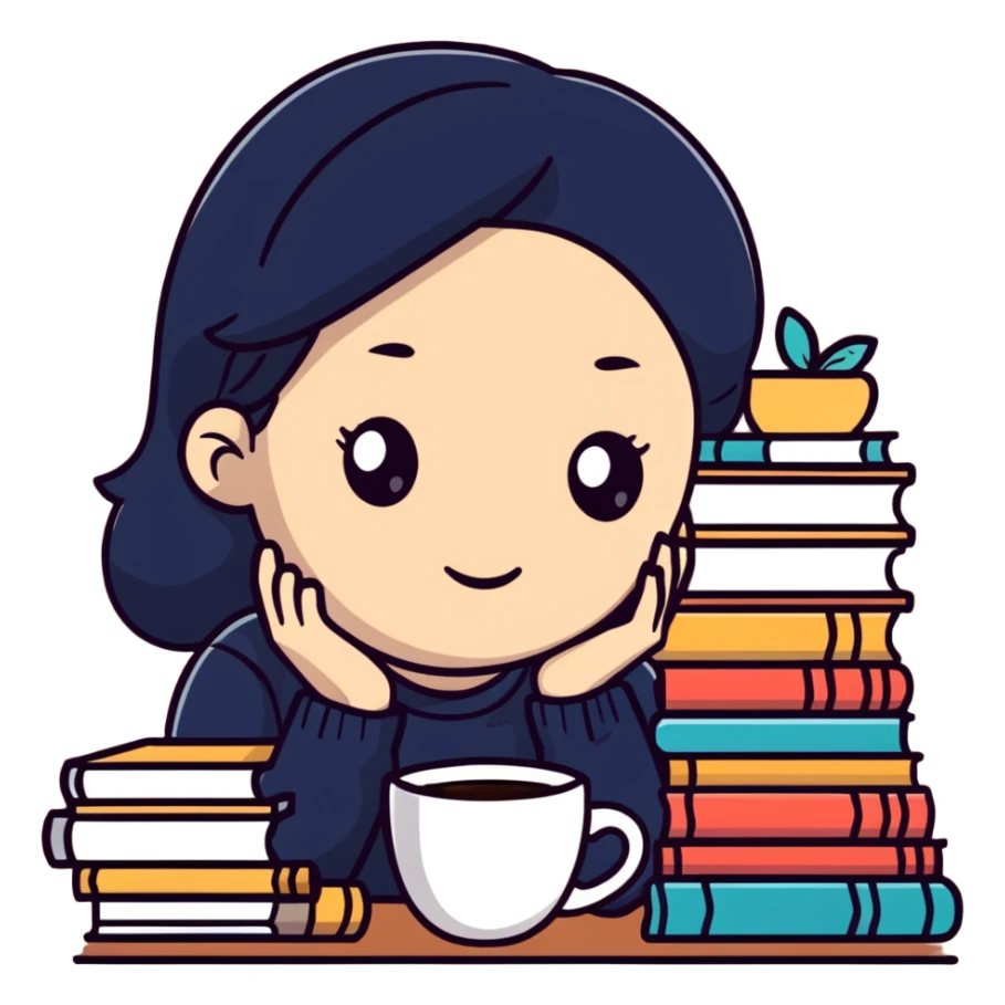 Tired girl cramming for exams with books and coffee sticker