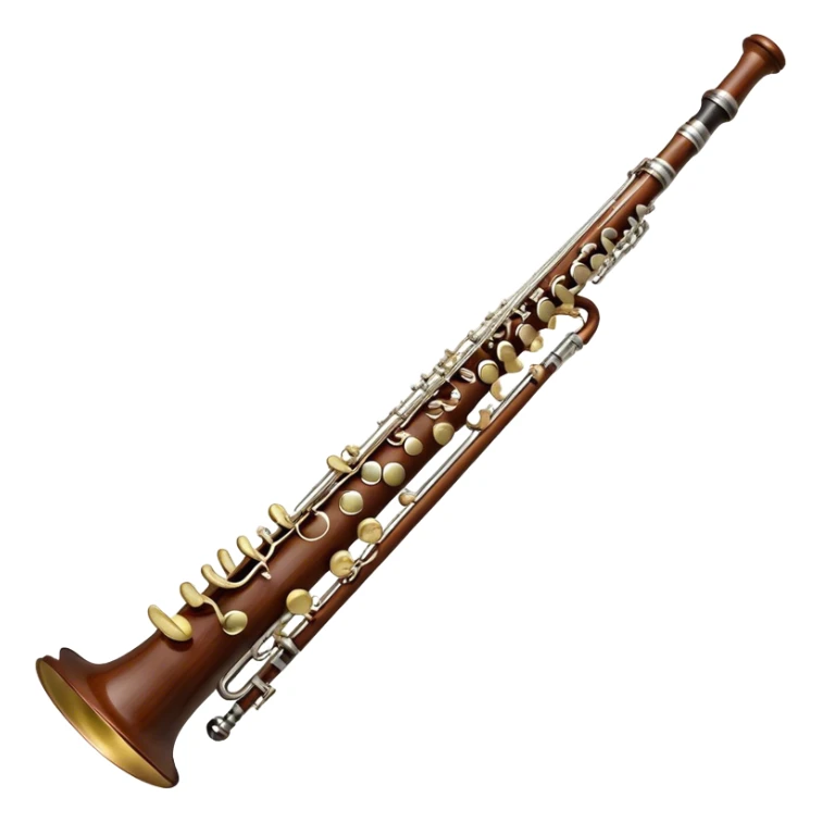 Create a detailed and elegant emoji representing a professional bassoon Oscar Adler. The design should showcase the long, slender wooden body of the bassoon with its distinct curves and metal fittings. Highlight the keywork and metal rings around the joints, with subtle light reflections on the wood to give it a polished appearance. The top of the bassoon should have the characteristic metal bell, and the reed should be clearly visible at the mouthpiece. Use warm wood tones like deep brown and mahogany for the body, with silver or brass accents for the metal parts. Add soft musical notes or soundwaves around the instrument to evoke its rich, deep sound. The background should be transparent. sticker