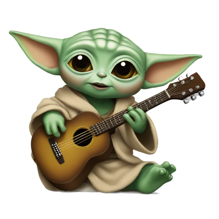 Baby Yoda holds a rock guitar sticker