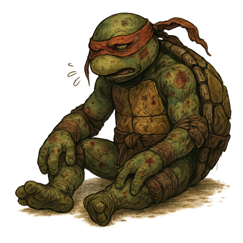 worn-out old ninja turtle, mask askew, chipped shell, bruises, slumped over, breathing heavily, aftermath of a fierce fight sticker