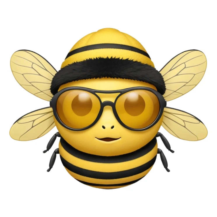 a plushie wasp in sunglasses and a yellow hat sticker
