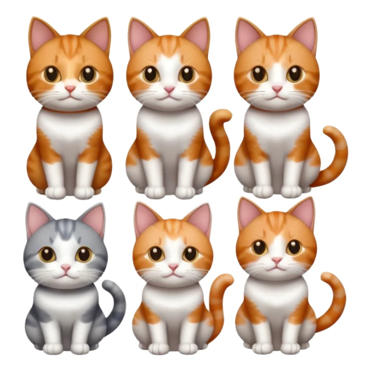six cats of different colours: 1 small ginger and white, 1 small brown tabby and white, 1 small grey and white, 1 big grey and white, 1 mostly grey with white paws and small white patch on chest and 1 calico sticker