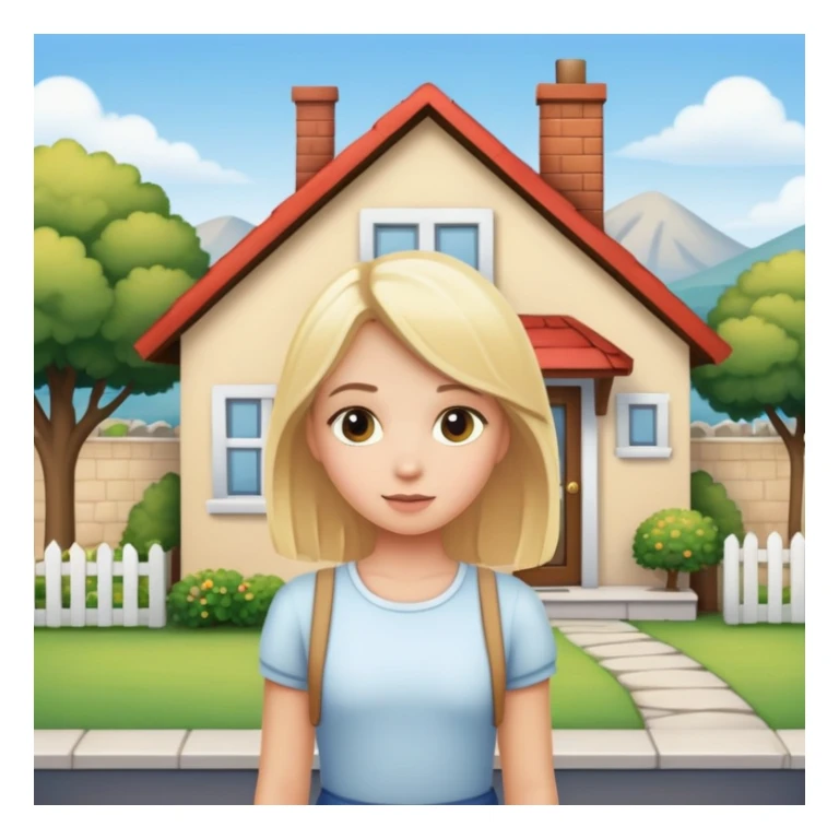 a blonde girl standing outside a small cute home sticker