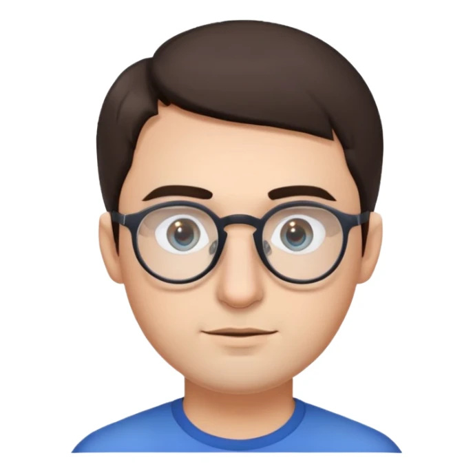 guy with dark brown hair, round face, glasses with thin gray frames, cropped haircut, regular stubble on his face, big nose, blue eyes, thick eyebrows sticker