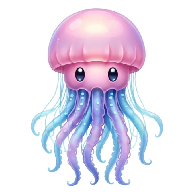 Cinematic floating kawaii jellyfish, tiny round body, soft glowing tentacles, pastel pink and blue hues, delicate sparkling highlights, dreamy and adorable. sticker