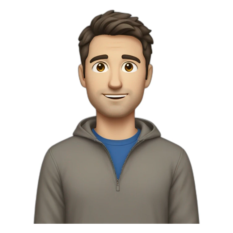 white guy, 30 years old, dark hair, medium height, blue eyes, wearing a grey pullover, gray chinos and brown chelsea pants sticker