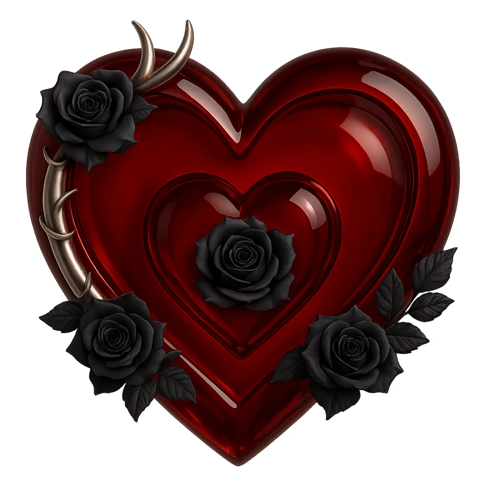 Change the heart to deep red glass, keep the silver crescent moon accent and black rose details, mysterious and opulent style. The original style is 3D emoji style but it does not support editing, so use a general style editor to achieve a 3D emoji look with no background. sticker