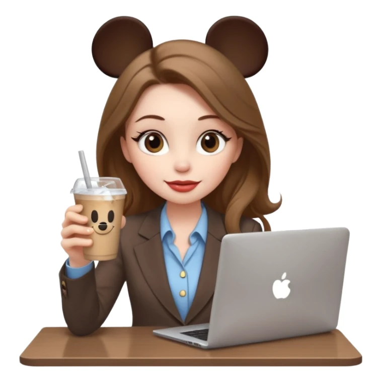 Women in front of laptop that has a Mickey sticker on it, with a happy face, face a little fuller, lips plump, full eyebrows, long light brown hair, light brown big eyes, light pale skin with a iced coffee on the side, business attire sticker