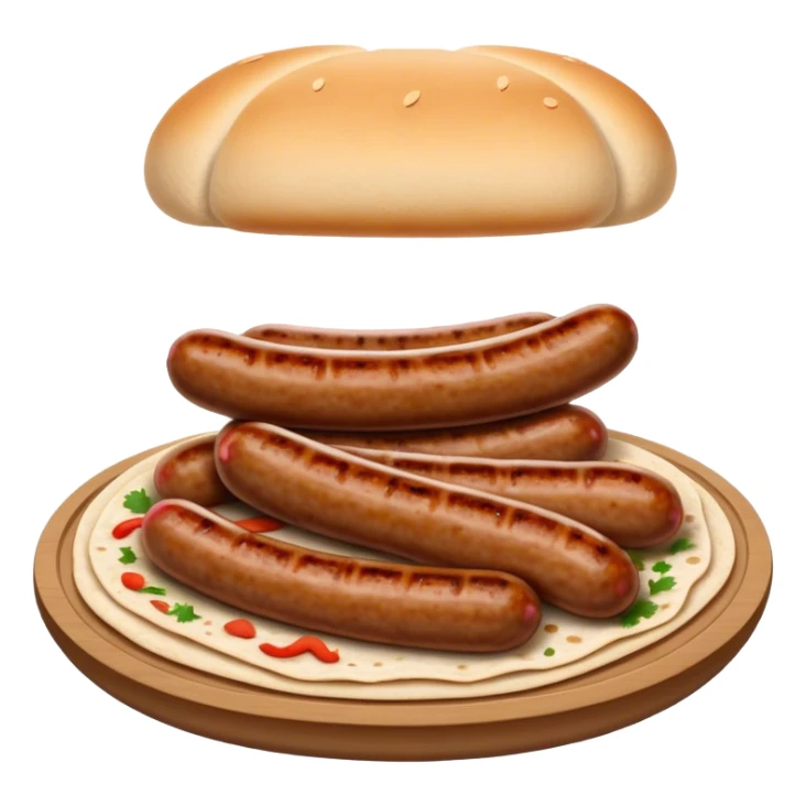Cevapi Cinematic Realistic Cevapi Dish Emoji, depicted as modest, short, skinless sausages served with traditional flat bread, rendered with realistic textures and rustic, inviting lighting. sticker