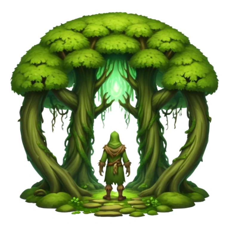 full body moss druid man, from behind walking into glowing forest portal sticker
