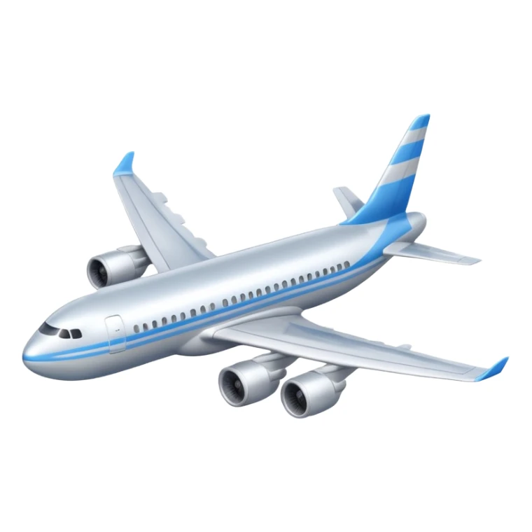 A 3D cartoon commercial airplane flying above clouds, silver body with blue stripes, smooth reflections, Memoji-style realism. sticker