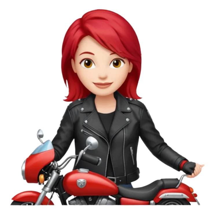 confident woman with bright red hair and a red motorcycle jacket sticker