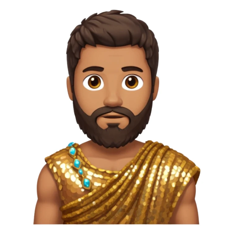 Hercules from Roman Deities with long dark brown hair and beard, bronze sequin toga sticker