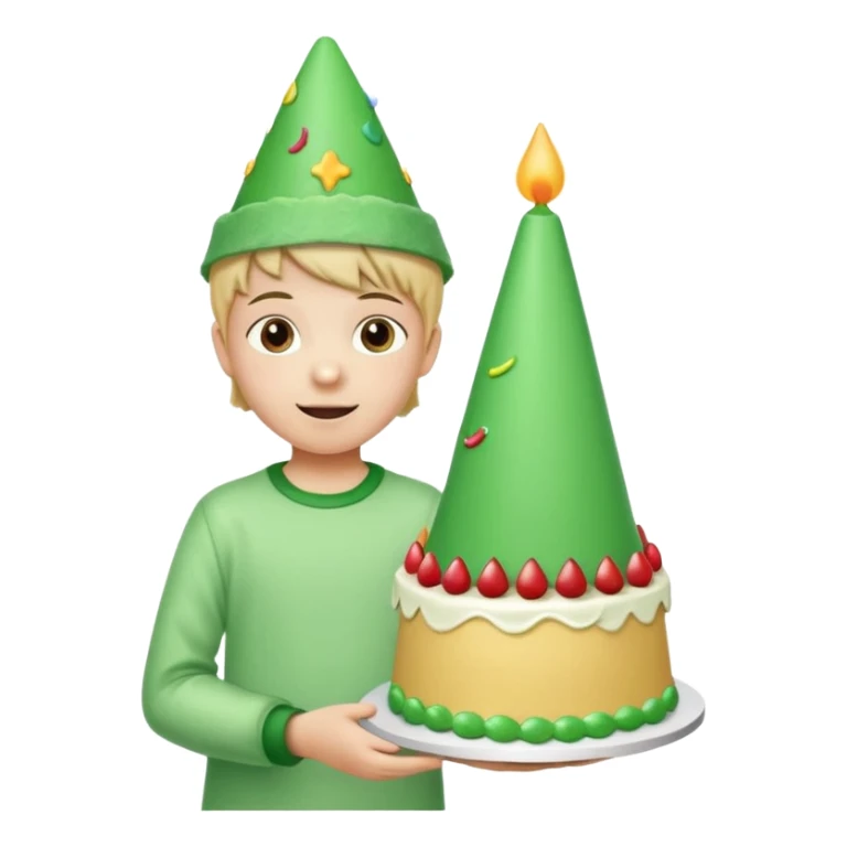 child with a green cone hat, standing by a birthday cake with green icing, cheerful and fun sticker