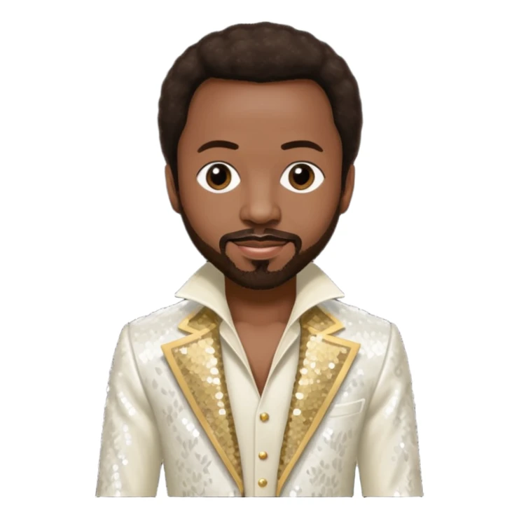 Maurice White from Earth, Wind & Fire with dark brown hair, ivory sequin outfit sticker