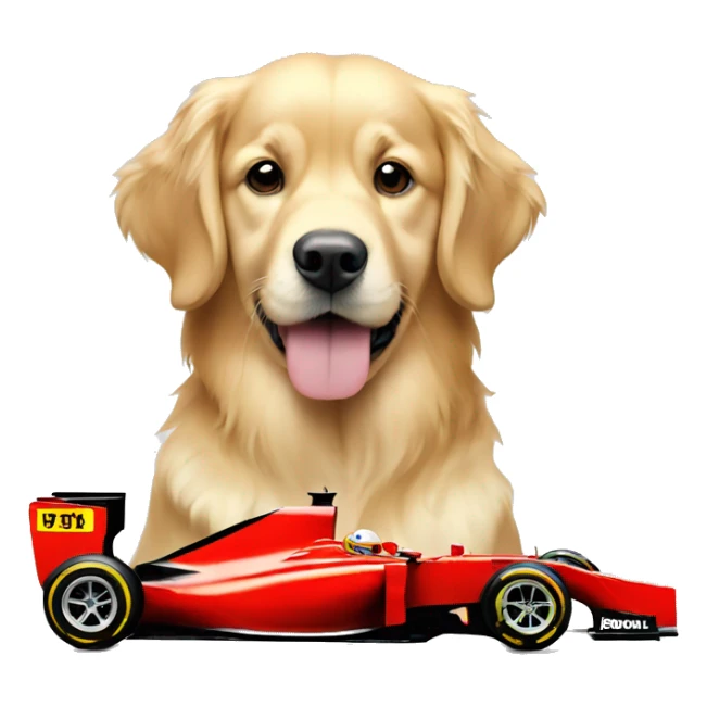 golden retriever with formula one car sticker