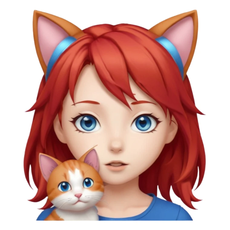 cute anime girl with cat ears, red blowing hair sticker