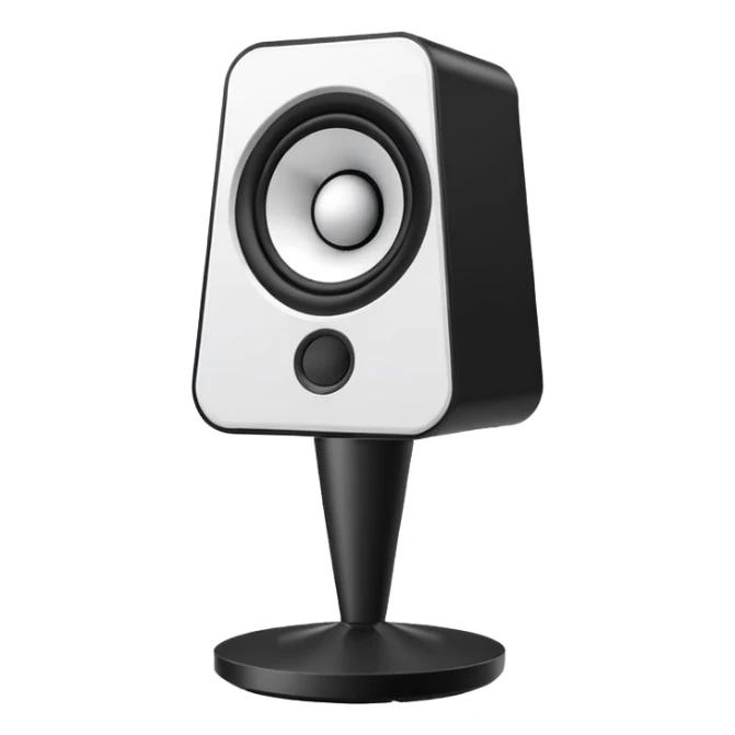 Single simple black desktop speaker, one round white cone with black center, boxy shape, clean white background, product photo. sticker