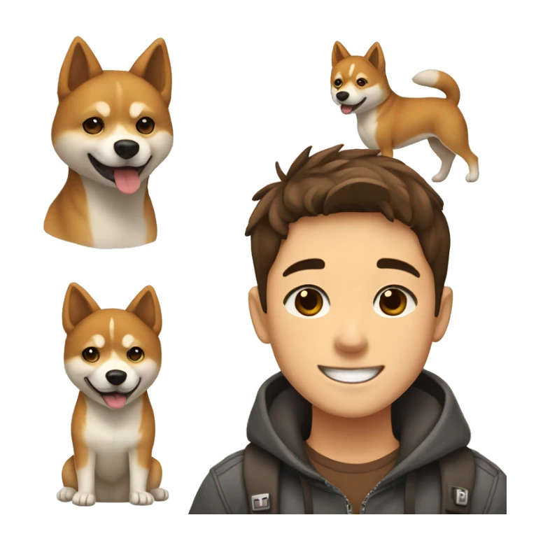  boy with brown hair with brown eyes and wide brows 12 years smiling and hugging with dog shiba inu  sticker