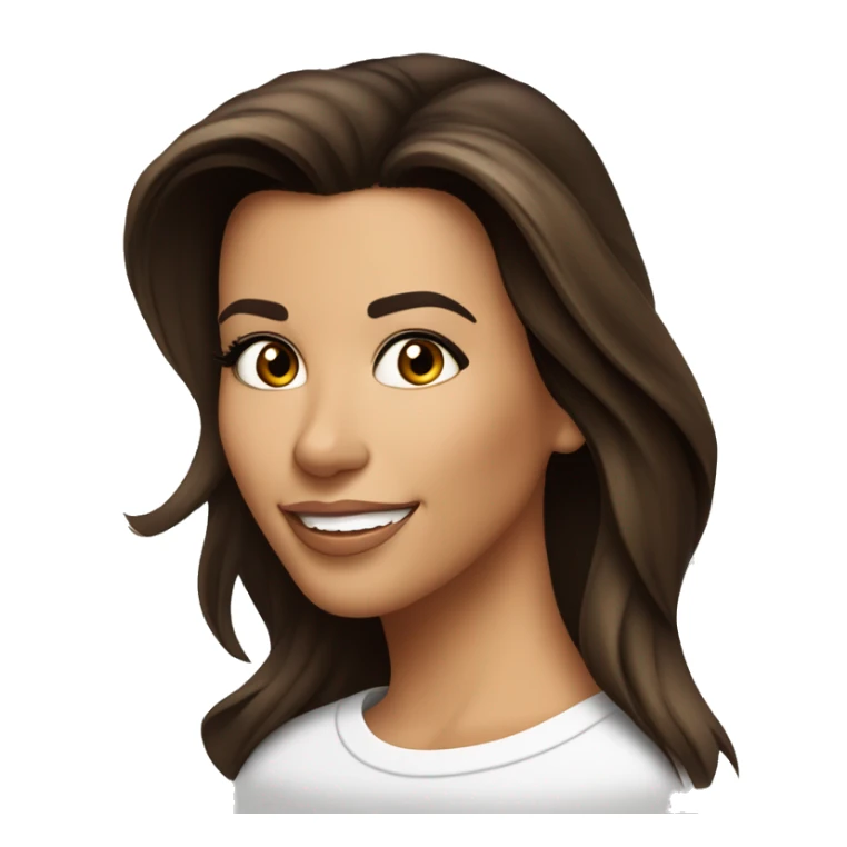 3/4 face, contrasted, shadow, light, Eva Longoria expression, happy, thin nose, brunette woman, hazel eyes, long eyelashes, dark shoulder shaded hair, white t-shirt sticker