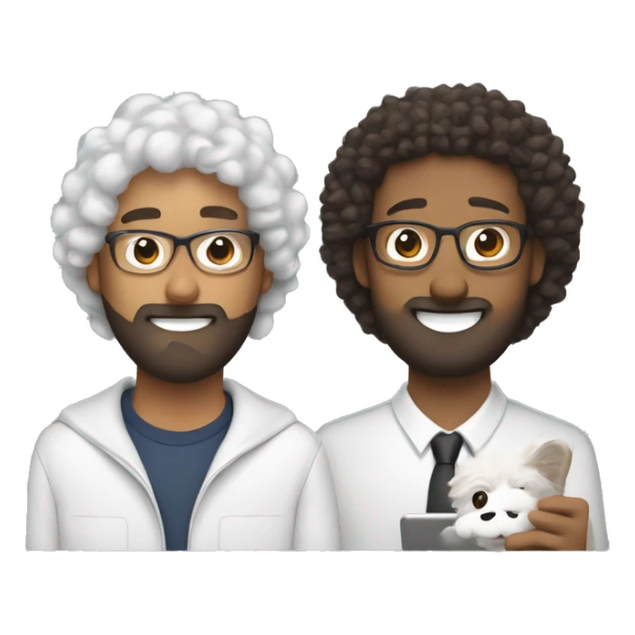 two people working remotely. One has short curly hair and trimmed beard. The other has curly hair, AirPods, and is holding a Samoyed. Both heads are at the top, with a laptop in the center, and two curved arrows forming a feedback loop between them sticker