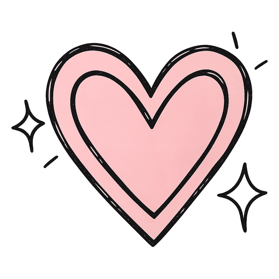 Make the pink hand drawn heart with sparkles larger, keep the black outline style, and use a clean white background. sticker