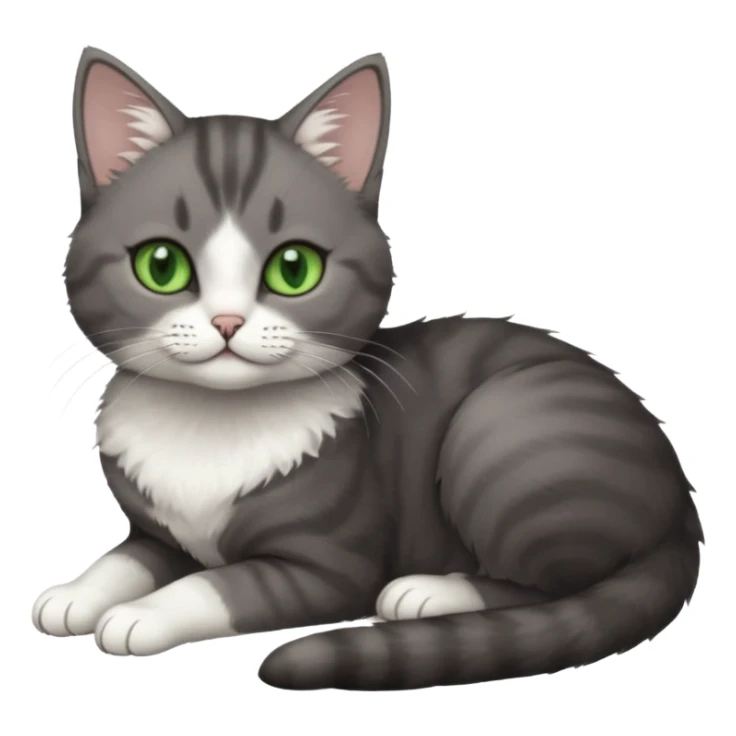 full body tiny short hair dark grey and white cat with white front legs and green eyes lying down sticker