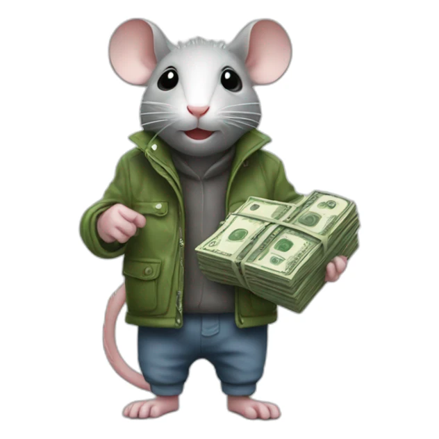 a rat wearing rain shoes and holding money sticker