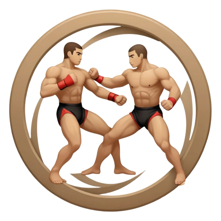 An icon symbolizing wrestling martial arts, featuring two stylized figures locked in a dynamic grappling pose. The background shows abstract elements representing strength and technique, with a circular design to represent unity and focus. Transparent background sticker