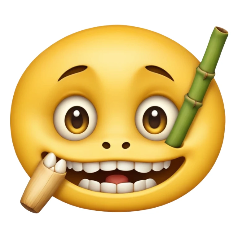 classic yellow emoji face with large eyes biting firmly on bamboo muzzle, teeth visible sticker