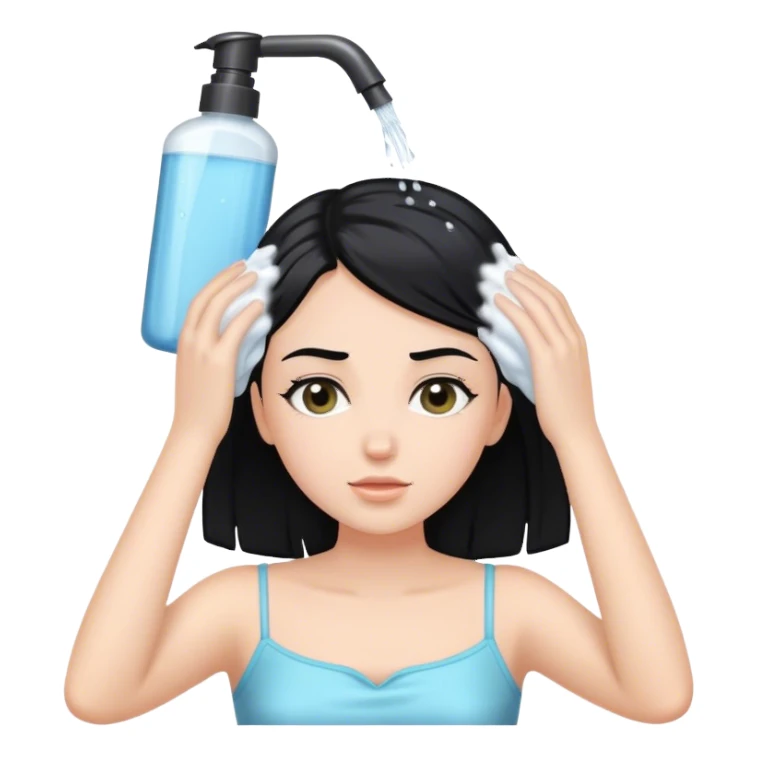 White girl with black hair, washing her head, her hair with shampoo sticker