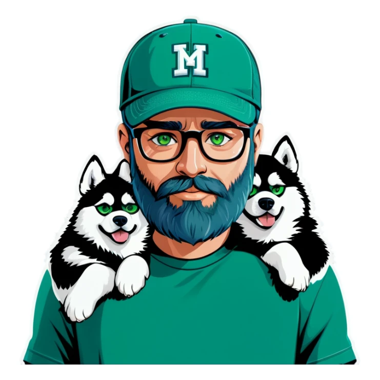 A bold man with a grey baseball cap, green eyes, big beard and glasses holding a husky dog sticker