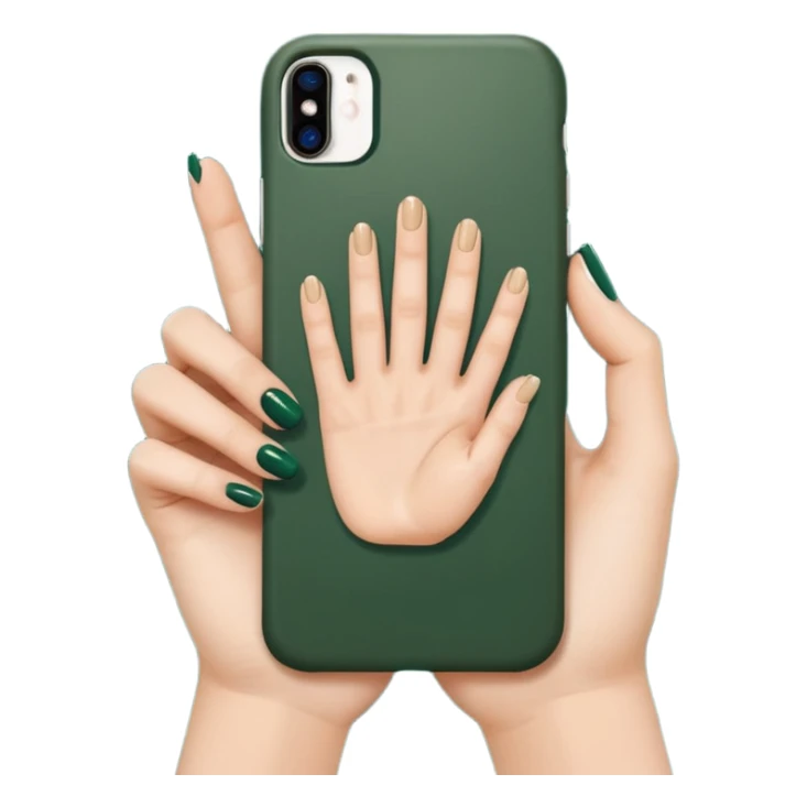 female hand with nude manicure showing 5 fingers holding an iPhone in a dark green case, clean background, emoji style sticker
