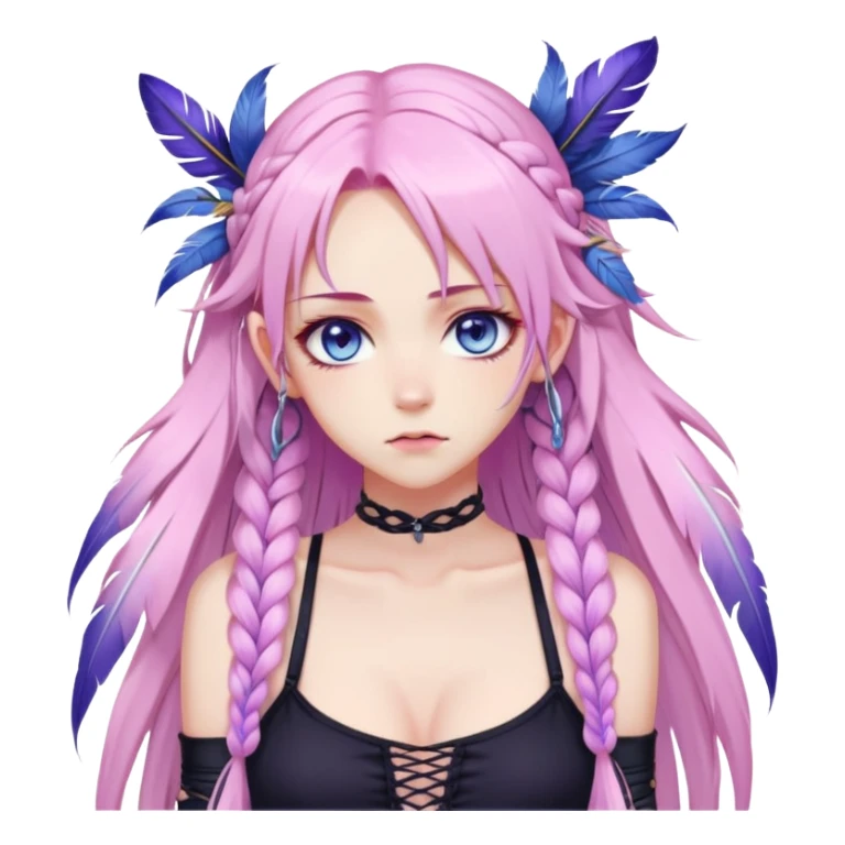 Gorgeous beautiful pretty grumpy anime lady long-pale-pastel-pink-hair with one braid on each side, hanging purple feather-ear-cuffs with pink tips in hair, black bodysuit, blue eyes, pink iris, ethereal, fashion aesthetic  sticker