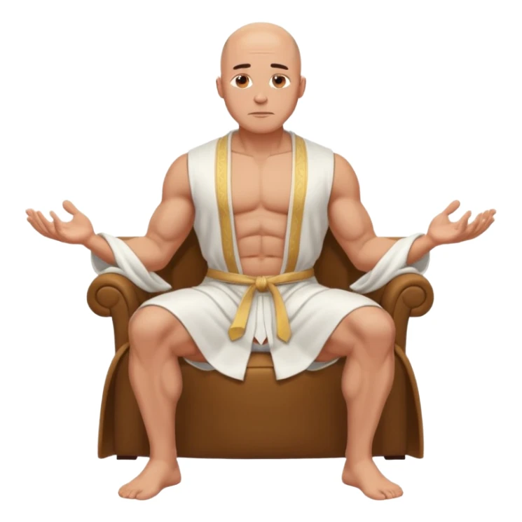 fullbody jacked bald guy, sleeveless and unbuttoned in full white robe sitting without chair and hands down sticker