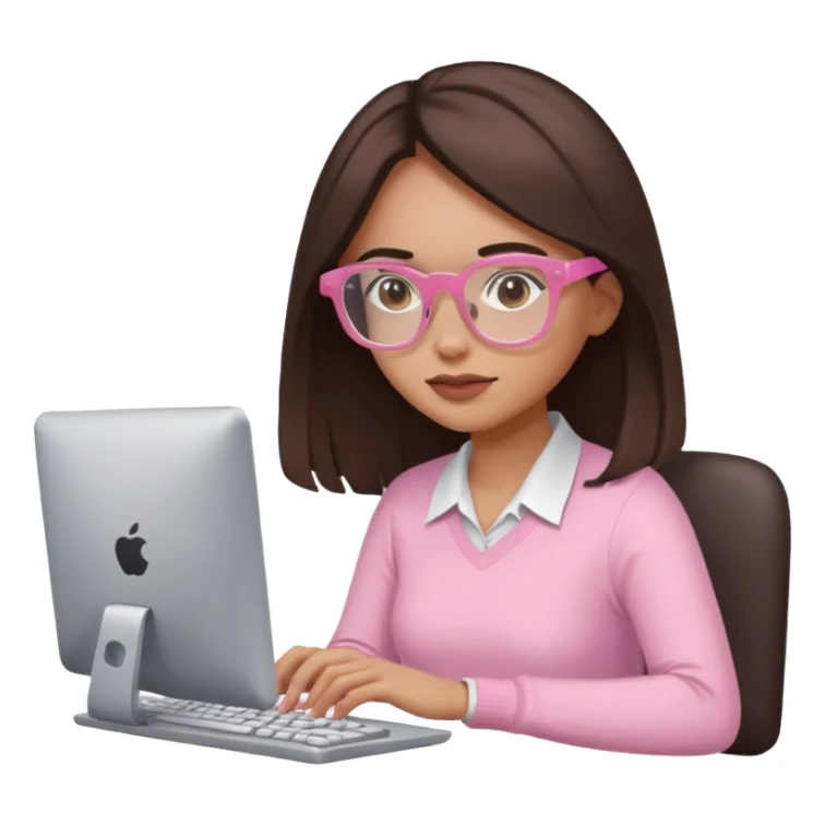 woman emoji with light pink glasses working on computer, light skin, long dark brown hair sticker
