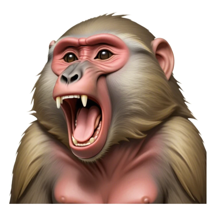 Cinematic Realistic Cute Yawning Baboon Portrait Emoji, Head tilted slightly with a dramatic, wide-open yawn, showcasing a soft, textured face with gently drooping features and half-closed, drowsy eyes, rendered with lifelike natural detail and warm shadows, high shine, relaxed yet expressive, styled with a dash of wild charm, soft glowing outline, capturing the essence of a sleepy yet affectionate baboon that appears ready to stretch out for a hearty nap! sticker