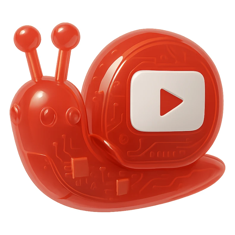 red robot snail with YouTube play button, glossy circuit style sticker