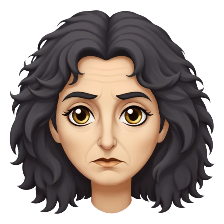 Mirri Maz Duur is a weathered, age 50 woman with deep-set dark eyes, high cheekbones, and a sharp nose, giving her a stern, knowing expression. Her long, unkempt dark frizzy hair  falls loosely over her shoulders sticker