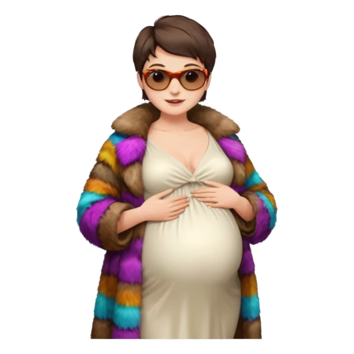pregnant stylish woman with short pixie brunette hair happily touching her big belly while wearing white dress and fancy brown fur coat and colorful shades sticker
