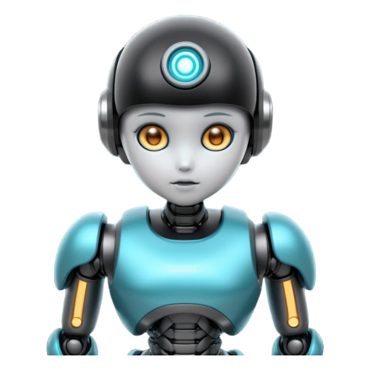 Cute futuristic chibi humanoid robot with large rounded head, glossy black and grey metal body, glowing cyan and amber eyes, visible joints, confident pose, white background, high-detail 3D render, LMX text on chest. sticker