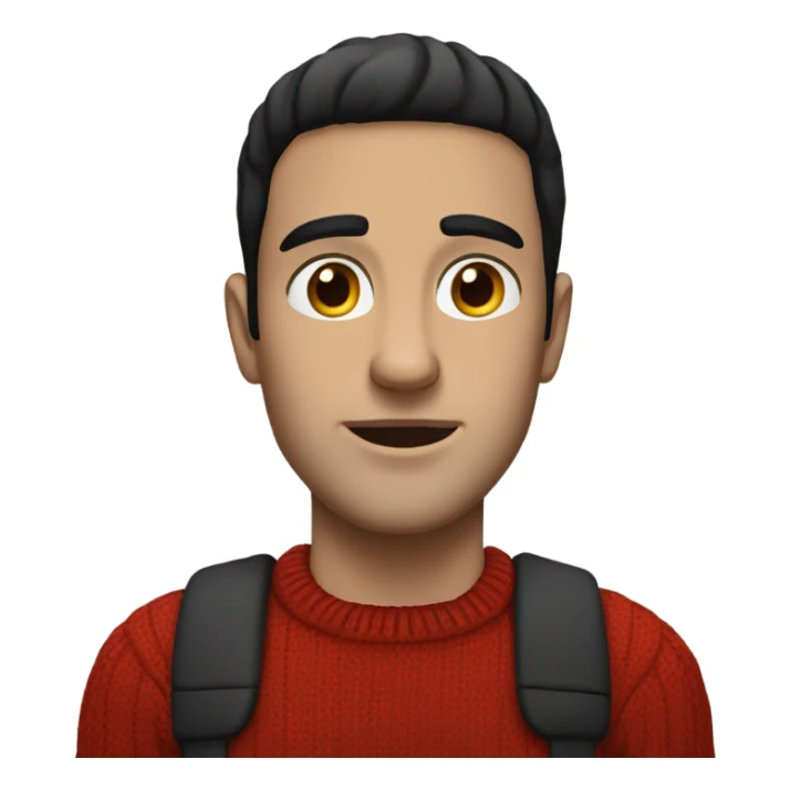 A white man with black hair and hazel eyes and a red jumper sticker