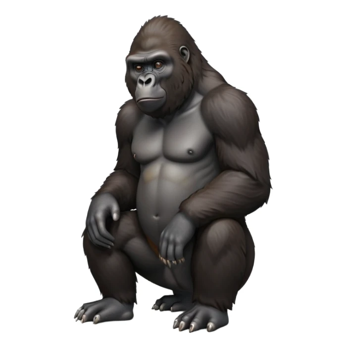 cinematic-gorilla-realistic-full-body-sitting-emoji,-exuding-strength,-thick-dark-fur-in-the-light,-head-tilted-dramatically,-deep-dark-eyes-filled-with-intense-intelligence,-simplified-yet-realistic-focused-features,-highly-detailed,-glowing-with-an-almost-sarcastic-glow sticker