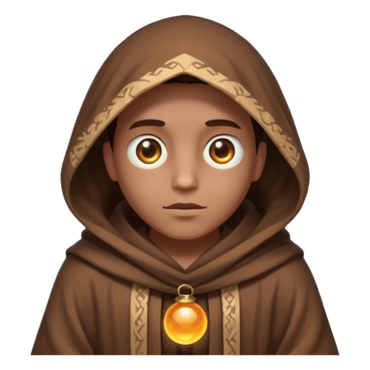 Coarse, hand-woven brown robes with deep,  shadowed cowls  with A dark, light-absorbing void within the hood where only two glowing yellow or orange eyes are visible. In AI generation, specify "glowing orb-like eyes" or "beady luminous eyes". sticker